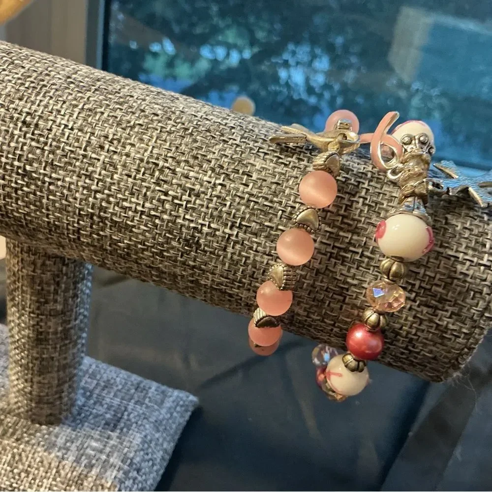 Set of 2 Breast Cancer Awareness Bracelets in Pinks and Charms